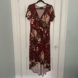 by & by Women Faux Wrap Floral Print High Low Dress Size XXL Faux Velvet Maroon